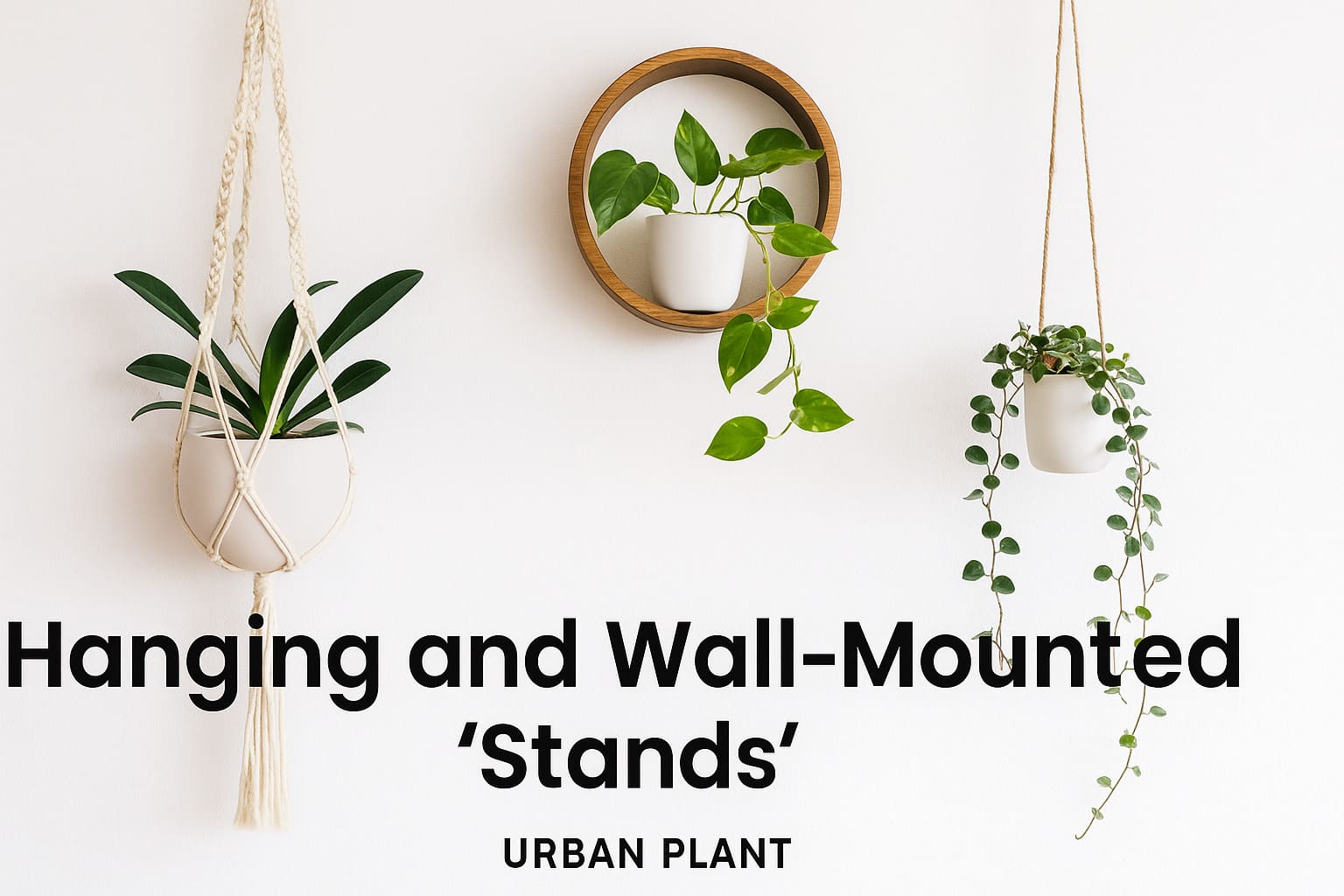Hanging and wall-mounted plant stands with macrame and wooden displays holding trailing plants on a white background – Urban Plant